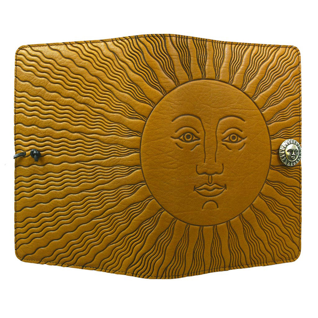 Oberon Design Refillable Large Leather Notebook Cover, Sun, Marigold - Open
