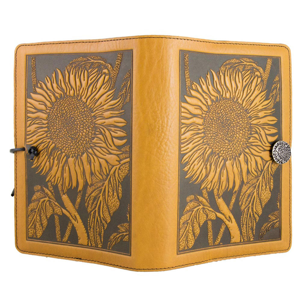Oberon Design Refillable Large Leather Notebook Cover, Sunflower, Marigold - Open
