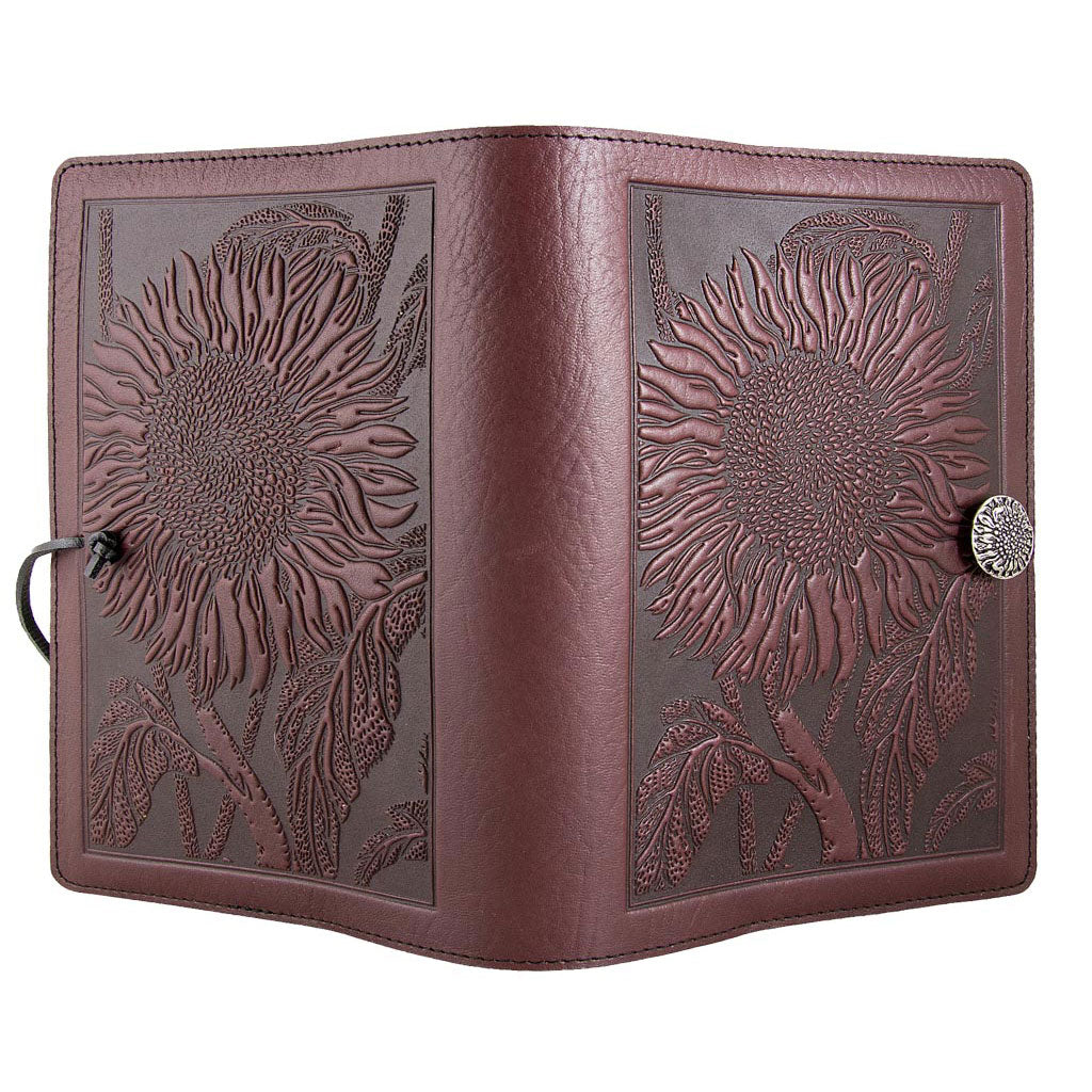 Oberon Design Refillable Large Leather Notebook Cover, Sunflower, Wine - Open