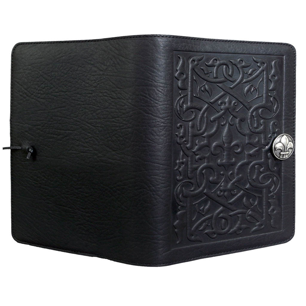 Oberon Design Refillable Large Leather Notebook Cover, The Medici, Black - Open