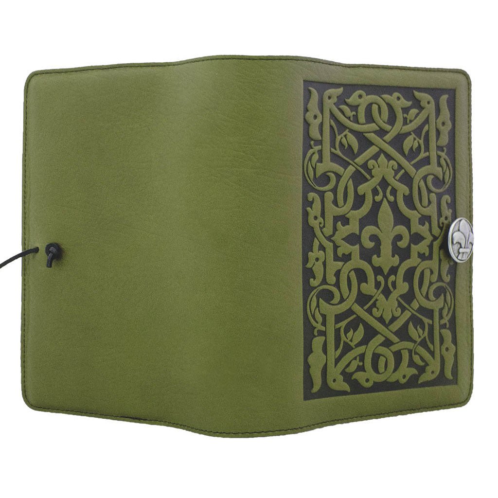 Oberon Design Refillable Large Leather Notebook Cover, The Medici, Fern - Open