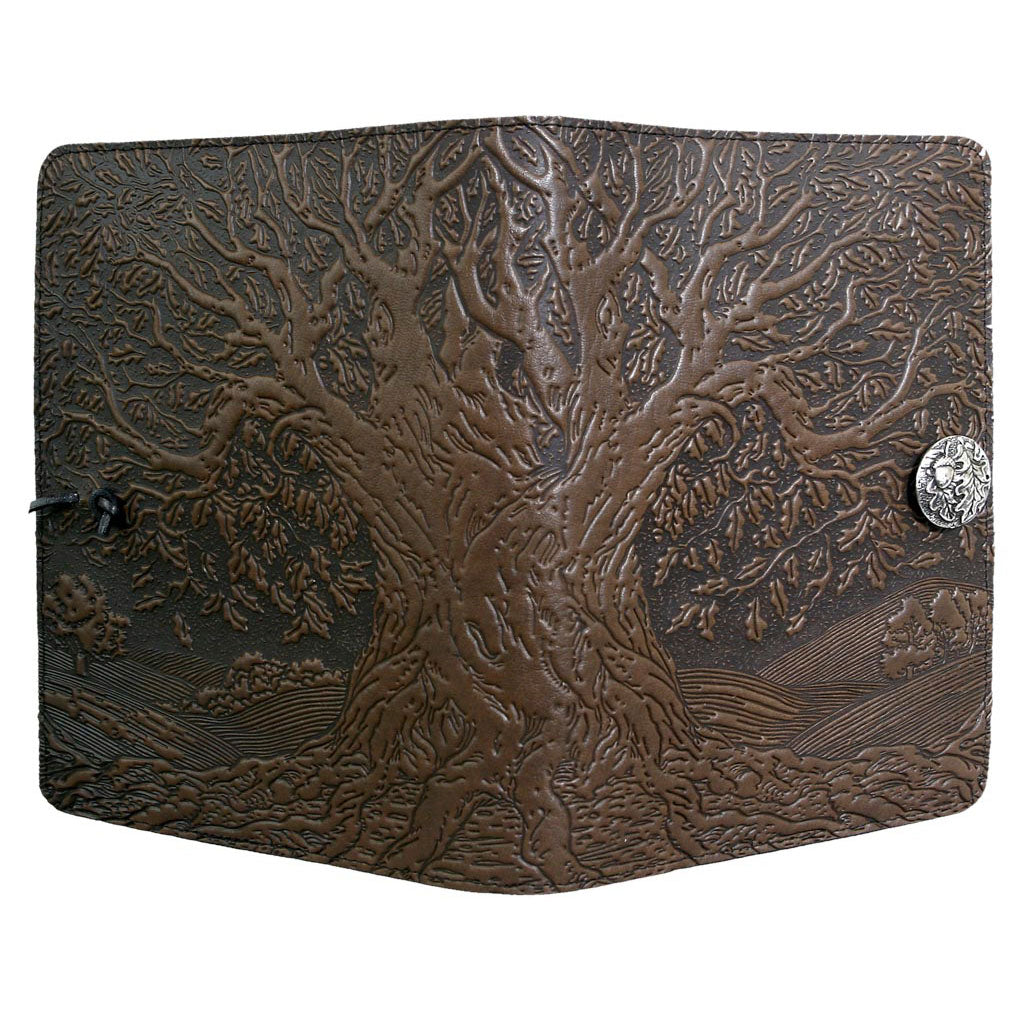 Oberon Design Refillable Large Leather Notebook Cover, Tree of Life, Chocolate - Open
