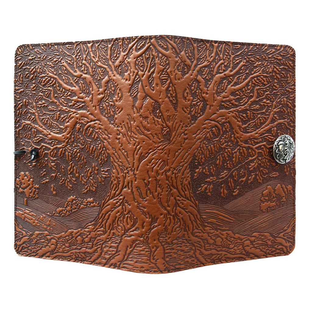 Oberon Design Refillable Large Leather Notebook Cover, Tree of Life, Saddle - Open
