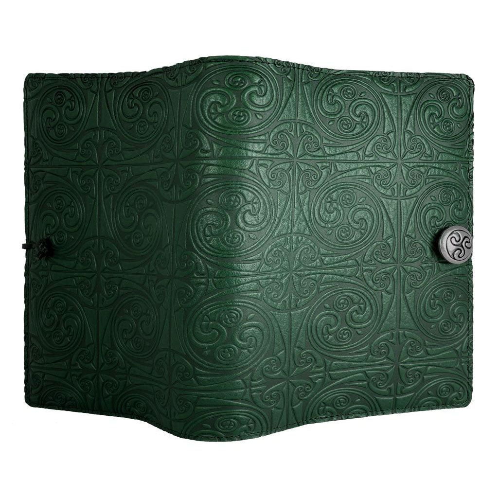Oberon Design Large Leather Notebook Cover, Triskelion Knot, Green - Open