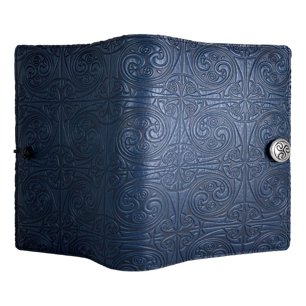Oberon Design Large Leather Notebook Cover, Triskelion Knot, Navy - Open