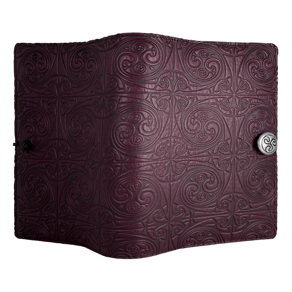 Oberon Design Large Leather Notebook Cover, Triskelion Knot, Wine, Open