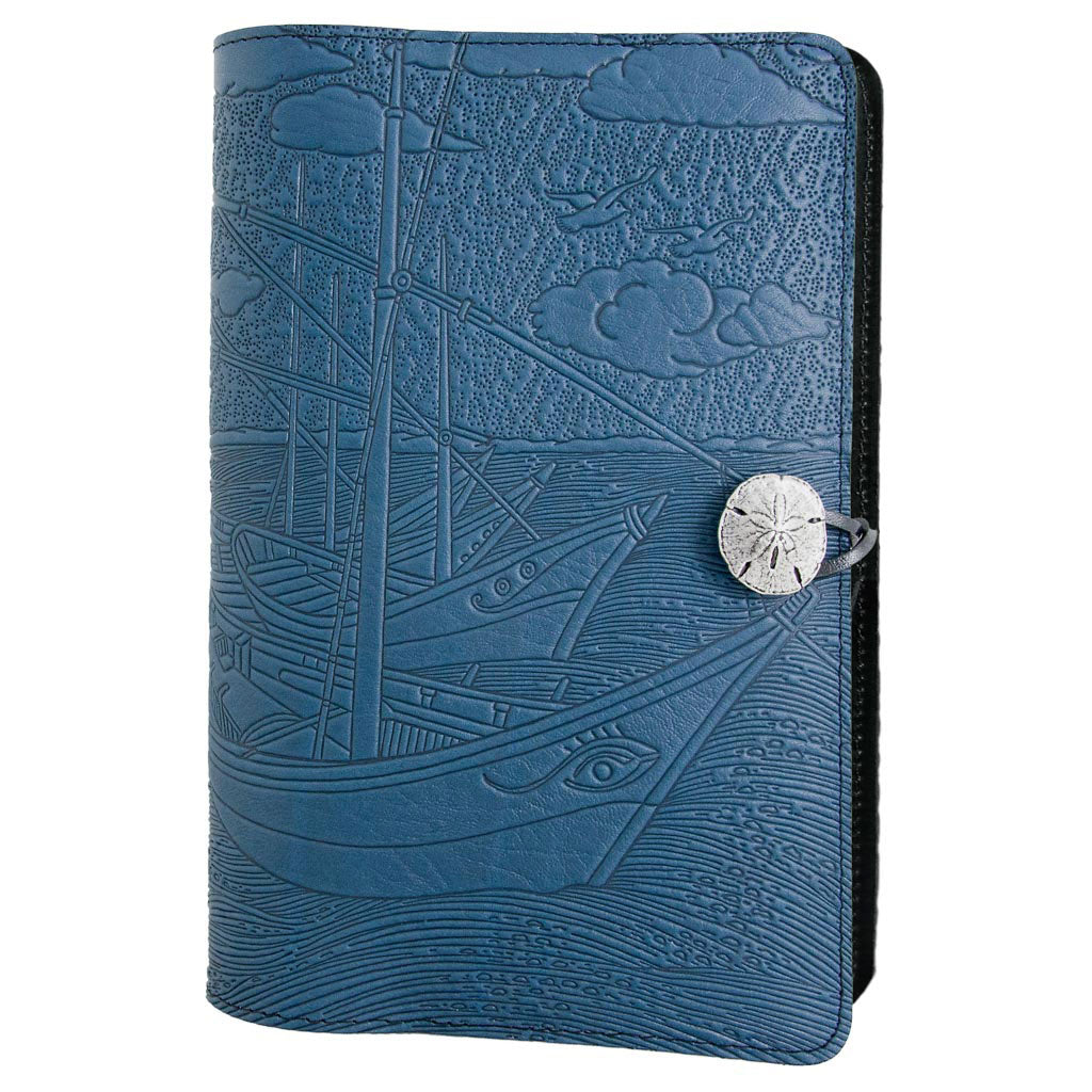 Oberon Design Refillable Large Leather Notebook Cover, Van Gogh Boats, Blue