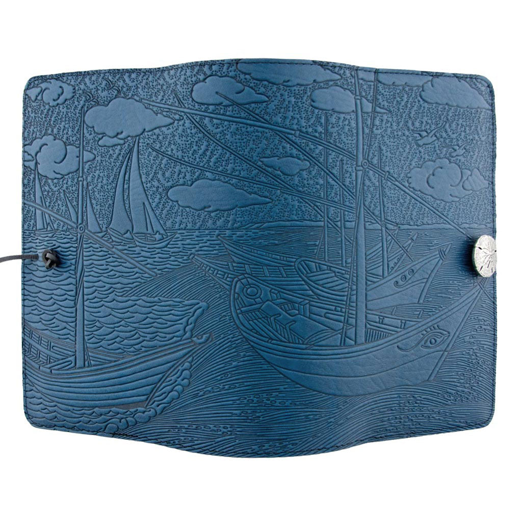 Oberon Design Refillable Large Leather Notebook Cover, Van Gogh Boats, Blue - Open