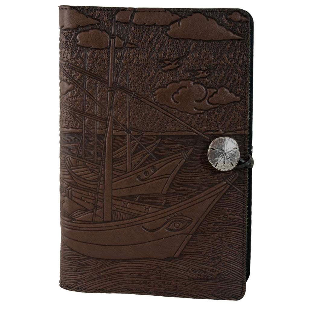 Oberon Design Refillable Large Leather Notebook Cover, Van Gogh Boats, Chocolate