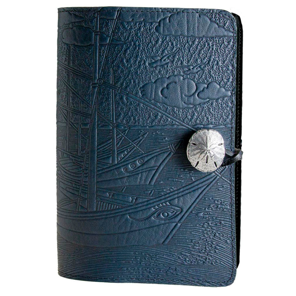 Oberon Design Refillable Large Leather Notebook Cover, Van Gogh Boats, Navy