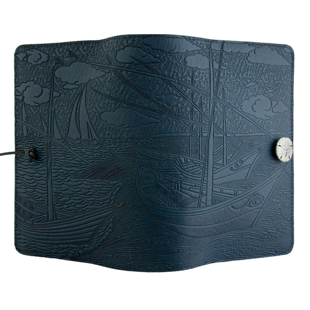 Oberon Design Refillable Large Leather Notebook Cover, Van Gogh Boats, Navy - Open