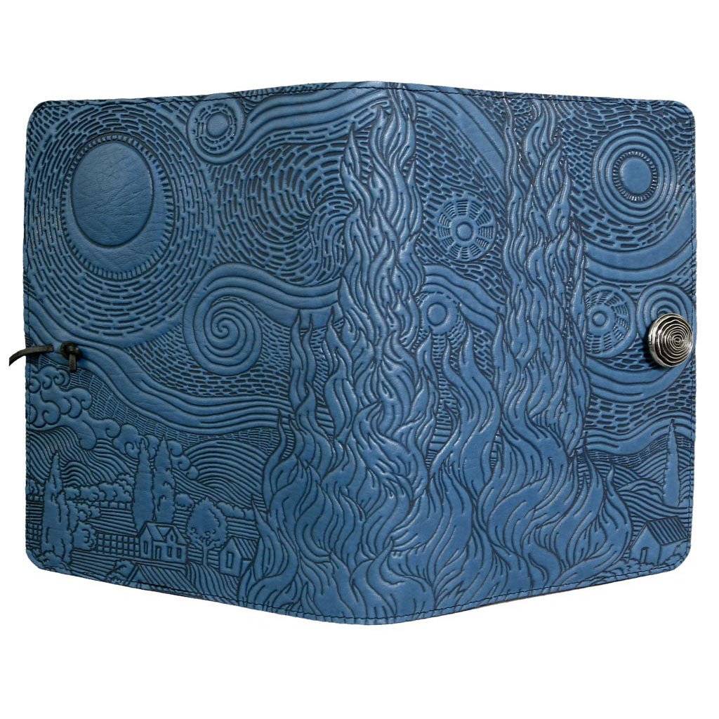 Oberon Design Refillable Large Leather Notebook Cover, Van Gogh&#39;s Sky, Blue - Open