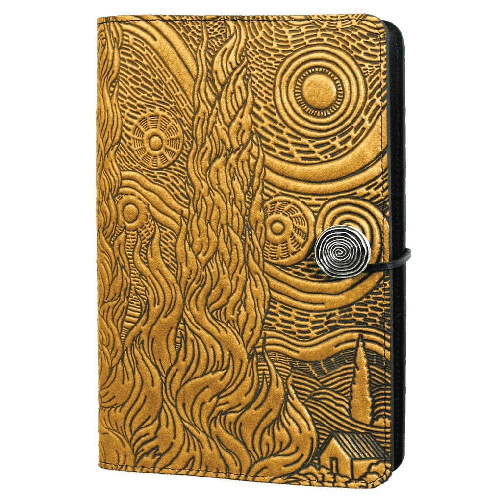 Oberon Design Refillable Large Leather Notebook Cover, Van Gogh's Sky, Marigold