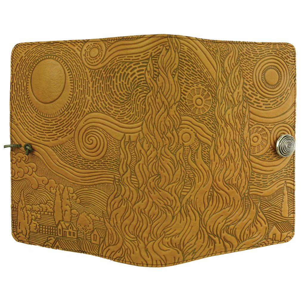 Oberon Design Refillable Large Leather Notebook Cover, Van Gogh&#39;s Sky, Marigold, Open
