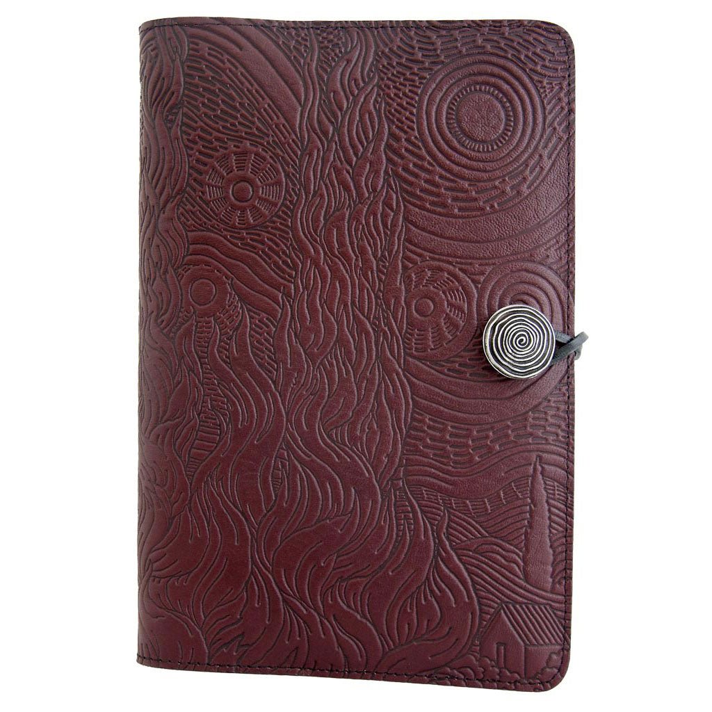 Oberon Design Refillable Large Leather Notebook Cover, Van Gogh&#39;s Sky, Wine