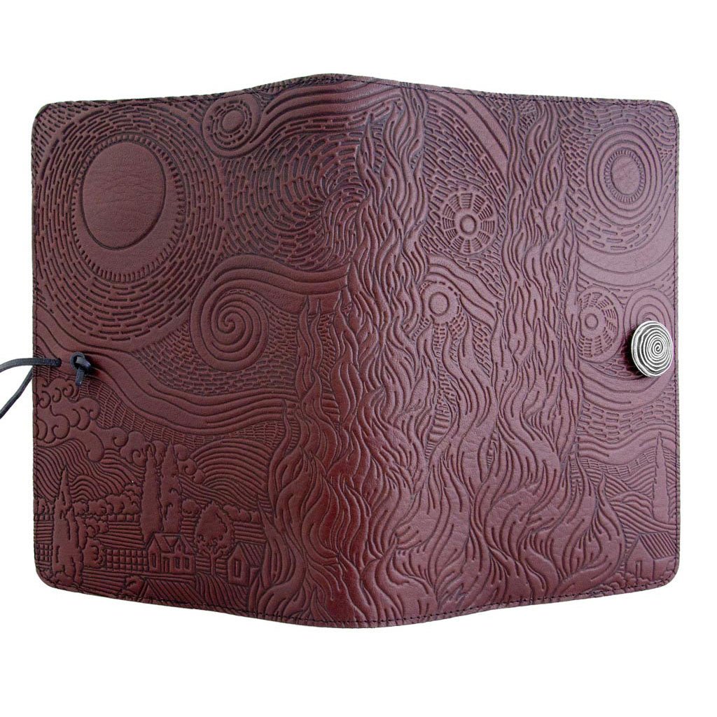 Oberon Design Refillable Large Leather Notebook Cover, Van Gogh&#39;s Sky, Wine - Open
