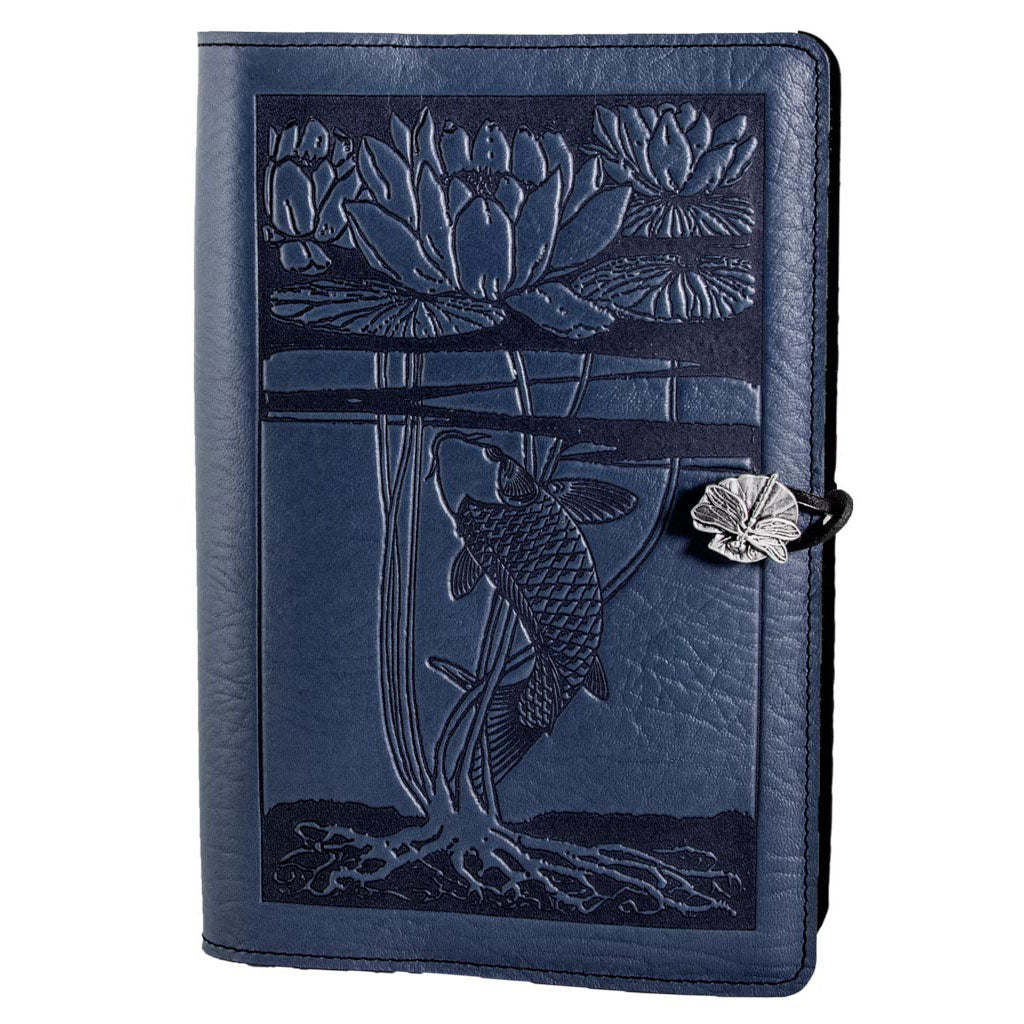 Oberon Design Refillable Large Leather Notebook Cover, Water Lily Koi, Blue