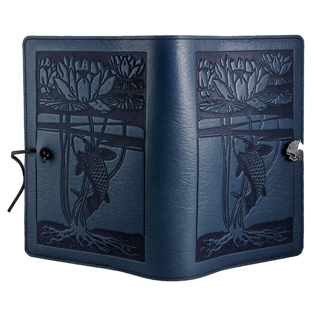Oberon Design Refillable Large Leather Notebook Cover, Water Lily Koi, Navy - Open