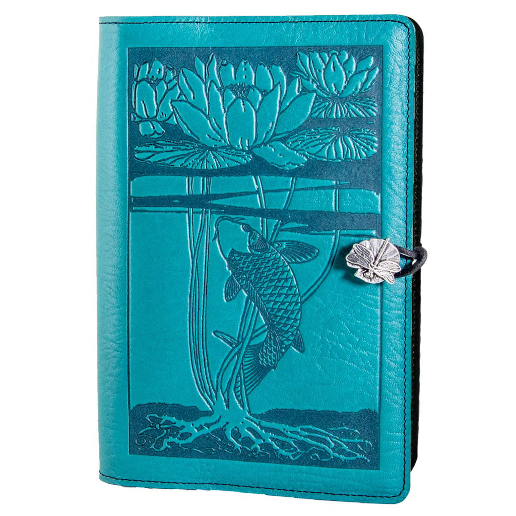 Oberon Design Refillable Large Leather Notebook Cover, Water Lily Koi, Teal