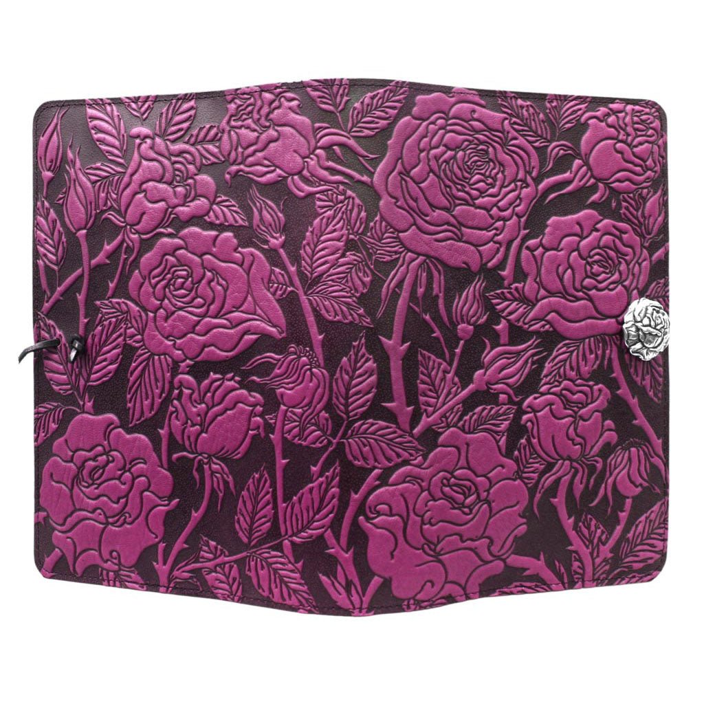 Oberon Design Refillable Large Leather Notebook Cover, Wild Rose, Orchid - Open