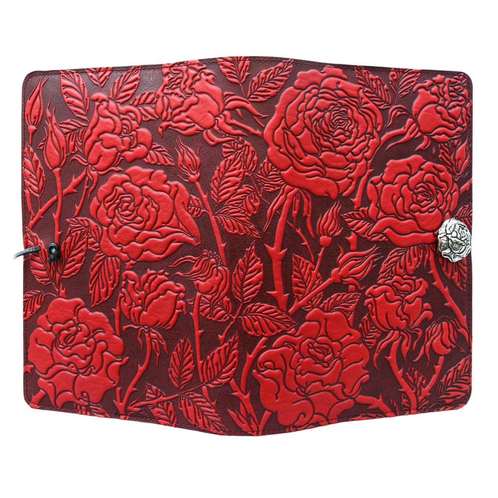 Oberon Design Refillable Large Leather Notebook Cover, Wild Rose,Red - Open