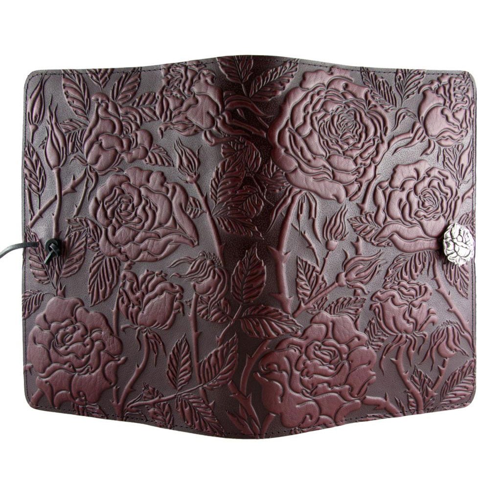 Oberon Design Refillable Large Leather Notebook Cover, Wild Rose,Wine - Open