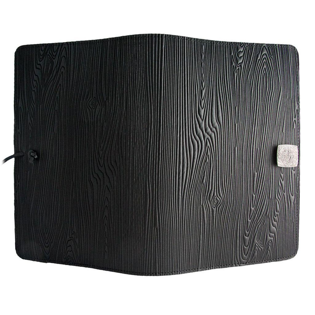 Oberon Design Refillable Large Leather Notebook Cover, Woodgrain,Black - Open
