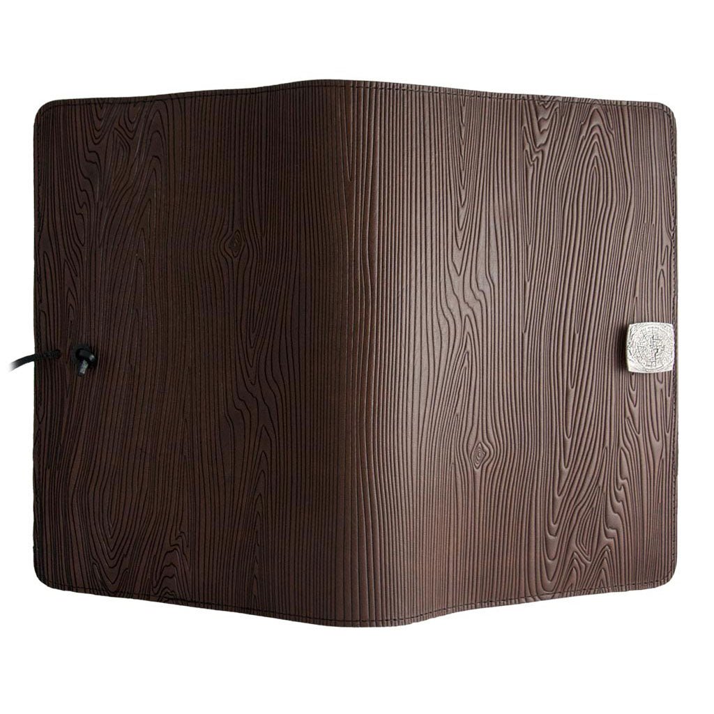 Oberon Design Refillable Large Leather Notebook Cover, Woodgrain, Chocolate - Open