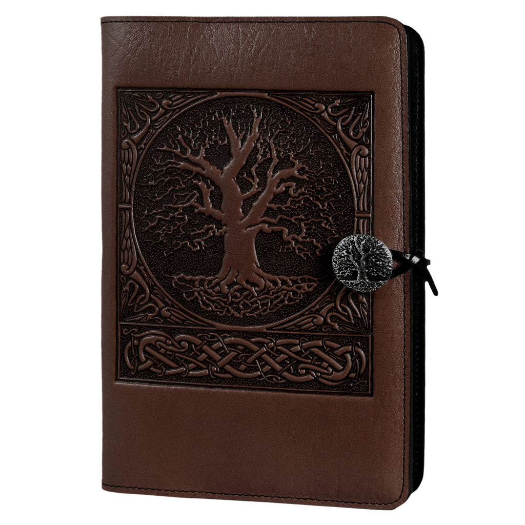 Oberon Design Refillable Large Leather Notebook Cover, World Tree, Chocolate