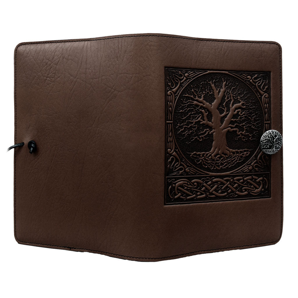 Oberon Design Refillable Large Leather Notebook Cover, World Tree,Chocolate - Open