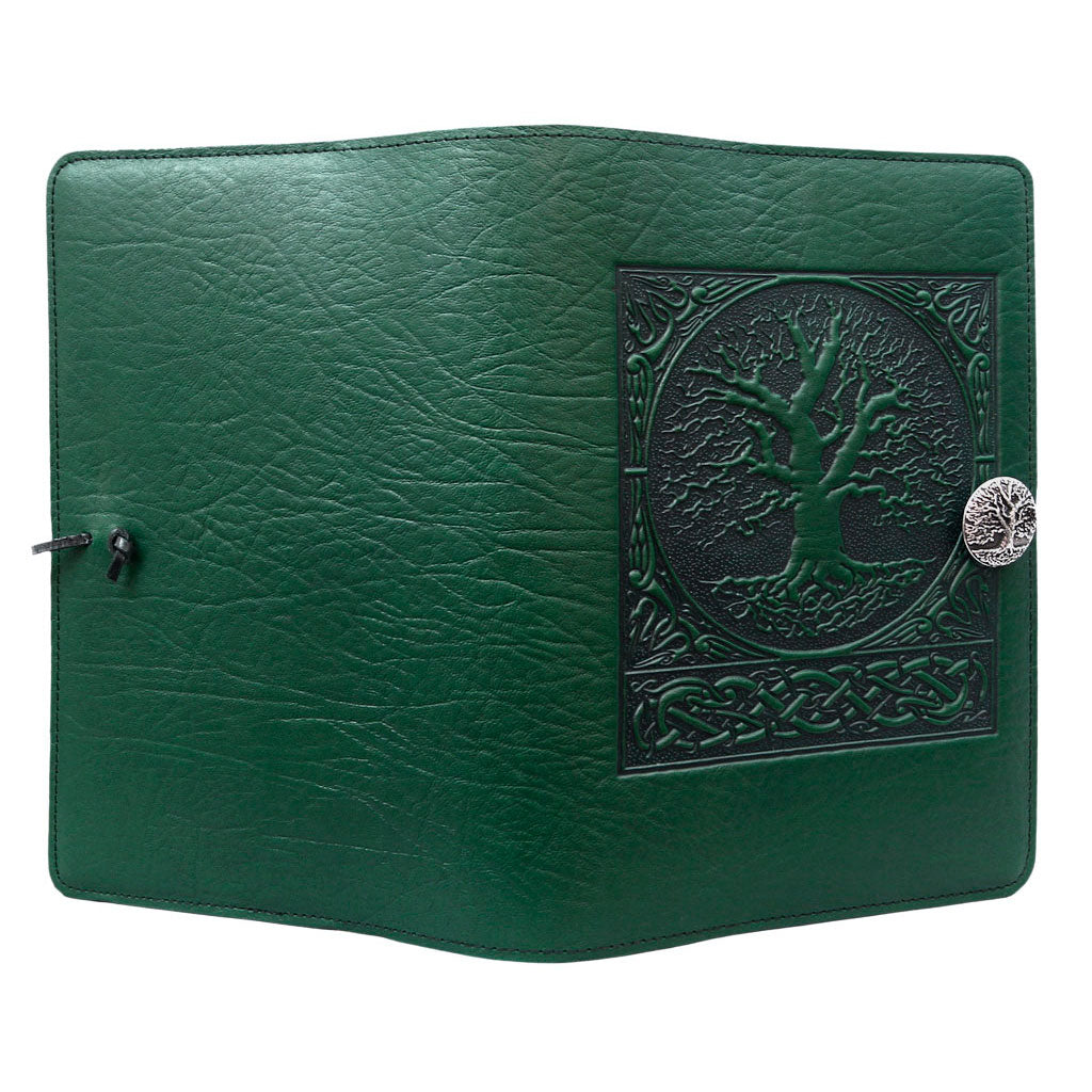 Oberon Design Refillable Large Leather Notebook Cover, World Tree, Green - Open