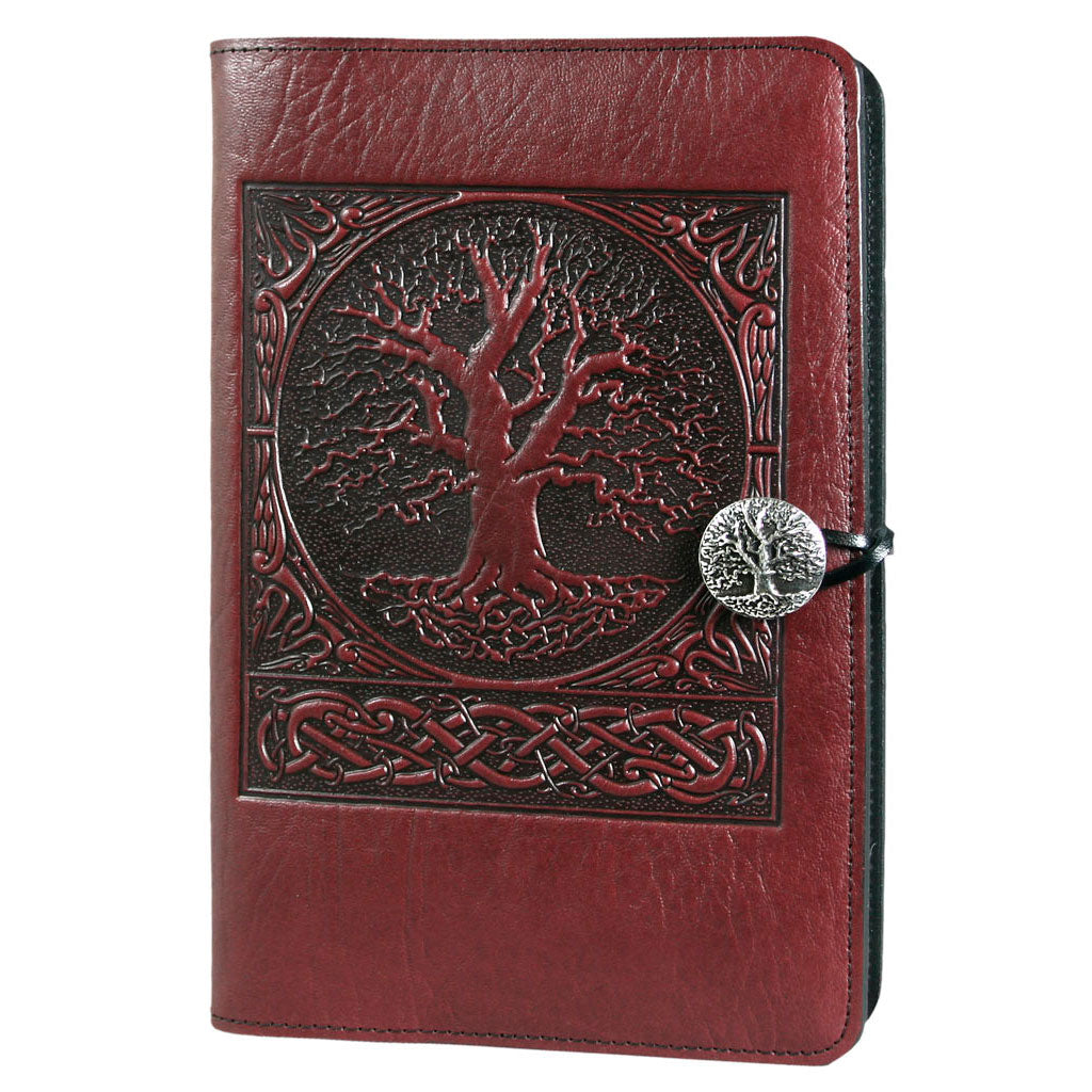 Oberon Design Refillable Large Leather Notebook Cover, World Tree, Wine