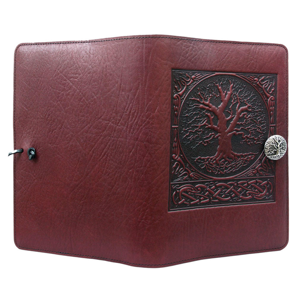 Oberon Design Refillable Large Leather Notebook Cover, World Tree,Wine - Open