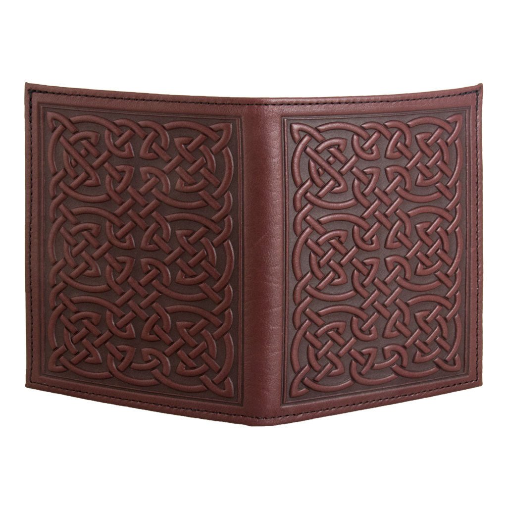 Oberon Design Genuine Leather Traveler Passport Wallet, Bold Celtic, Wine- Open