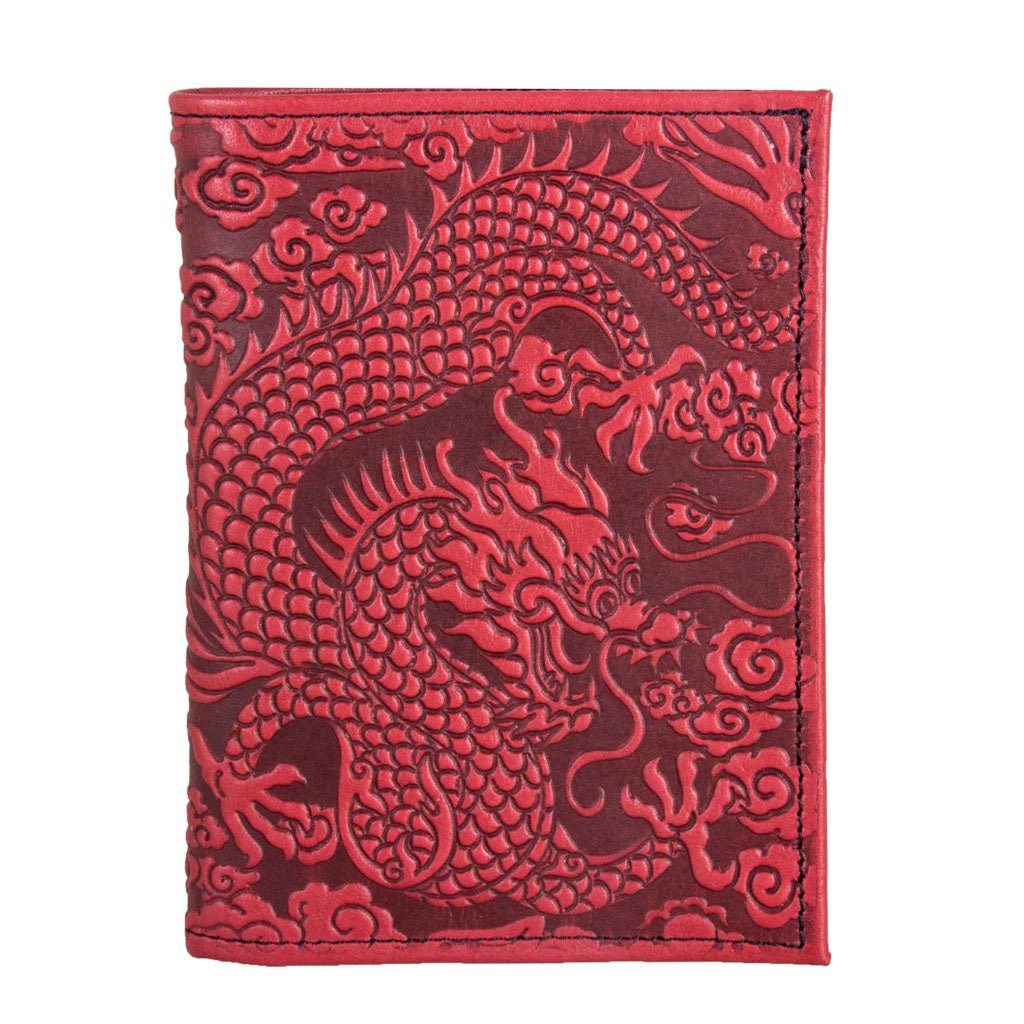 Oberon Design Genuine Leather Traveler Passport Wallet, Cloud Dragon, Red