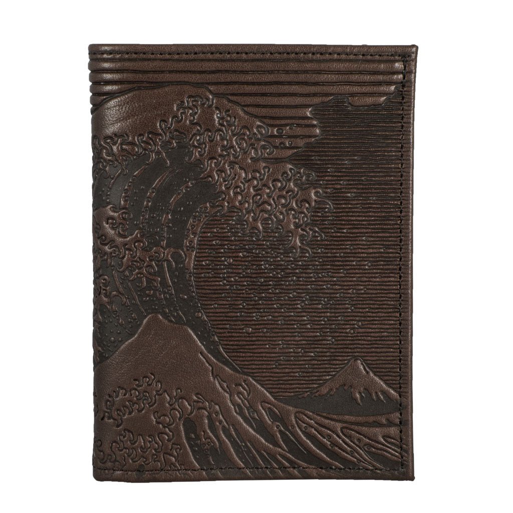Oberon Design Genuine Leather Traveler Passport Wallet, Hokusai Wave, Chocolate