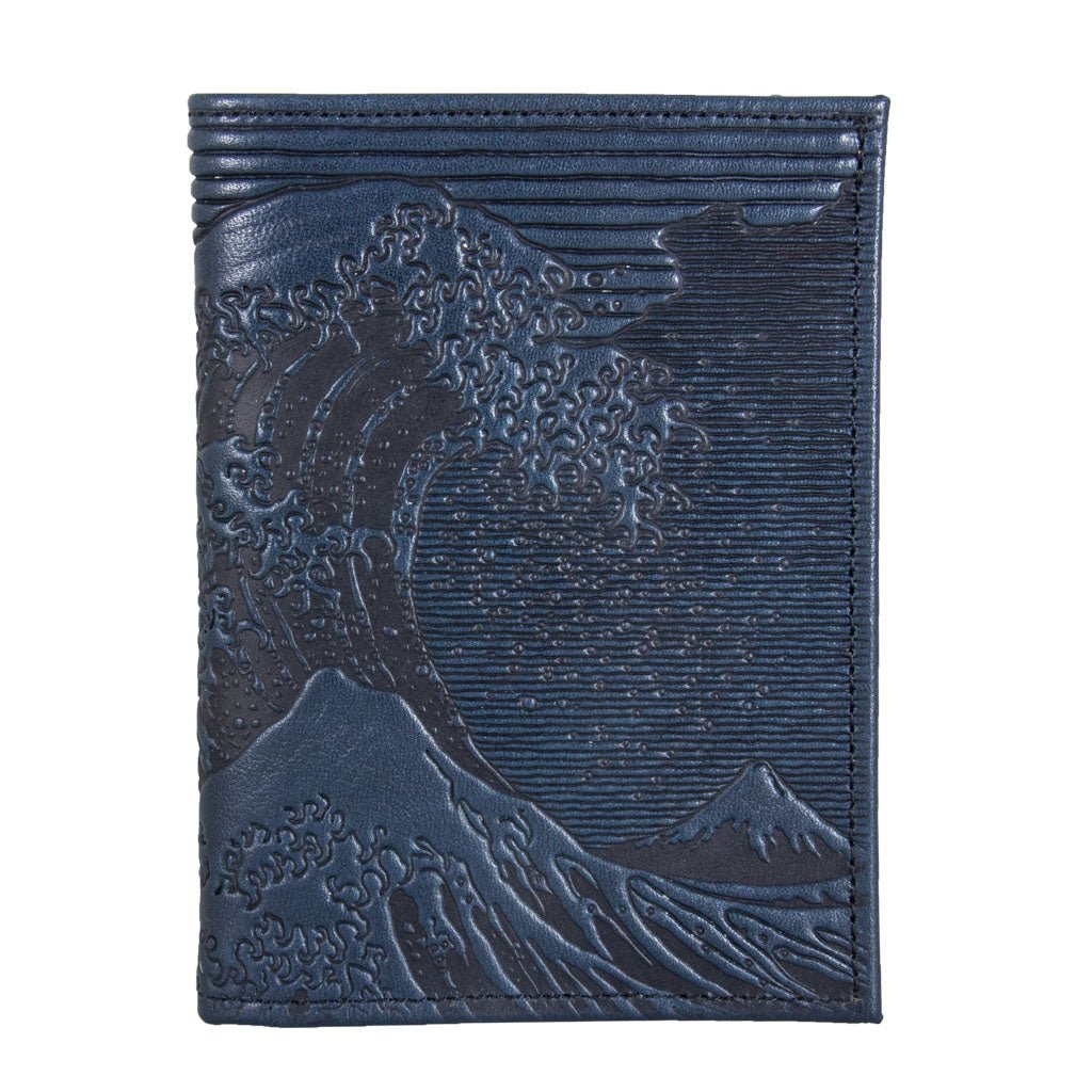 Oberon Design Genuine Leather Traveler Passport Wallet, Hokusai Wave, Navy