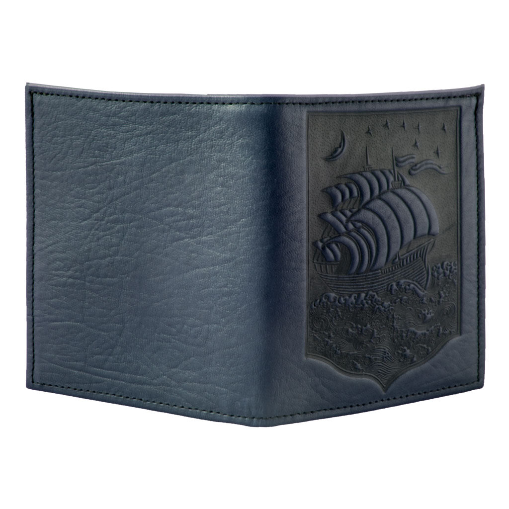 Oberon Design Genuine Leather Traveler Pasport Wallet, Night Ship, Navy - Open