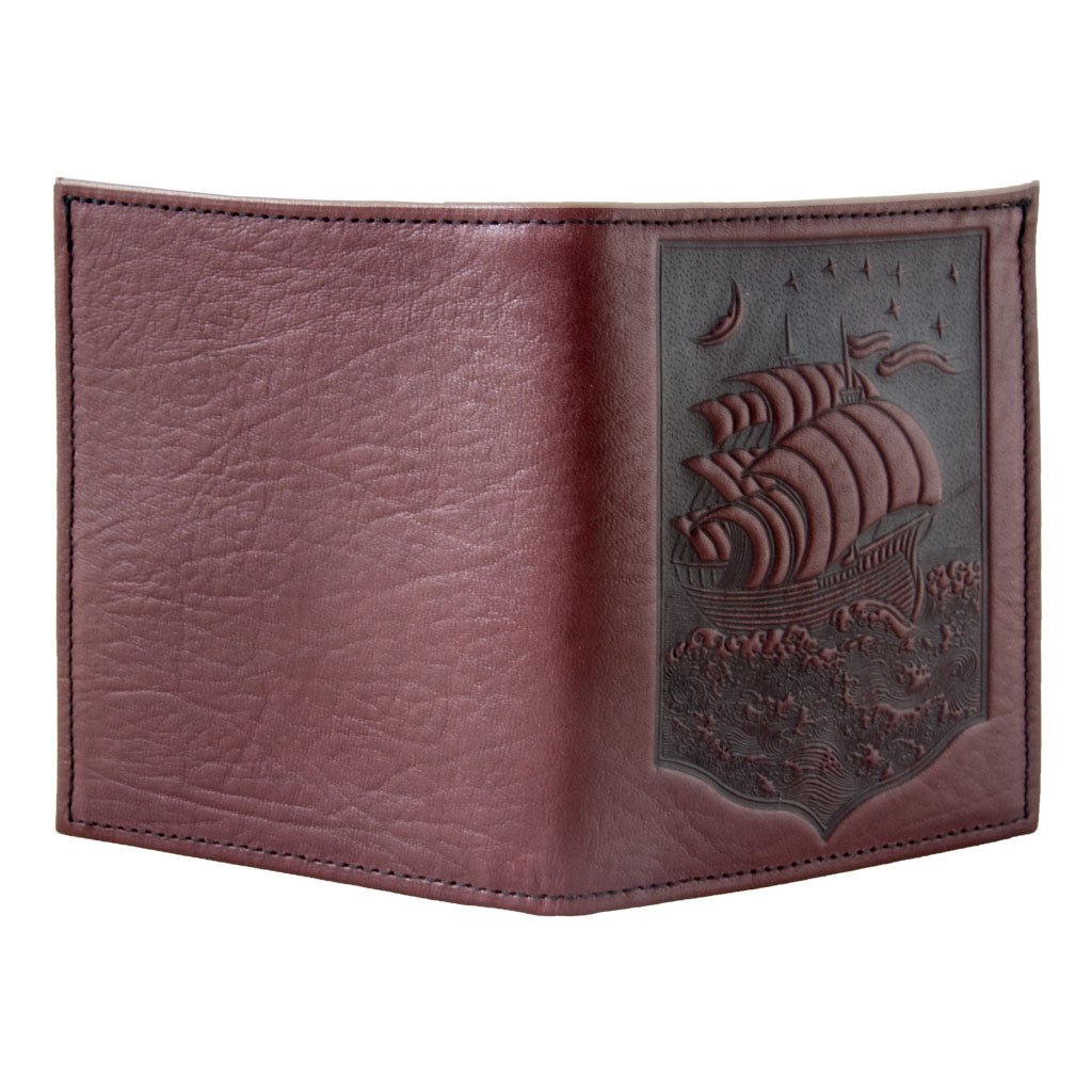 Oberon Design Genuine Leather Traveler Pasport Wallet, Night Ship, Wine - Open