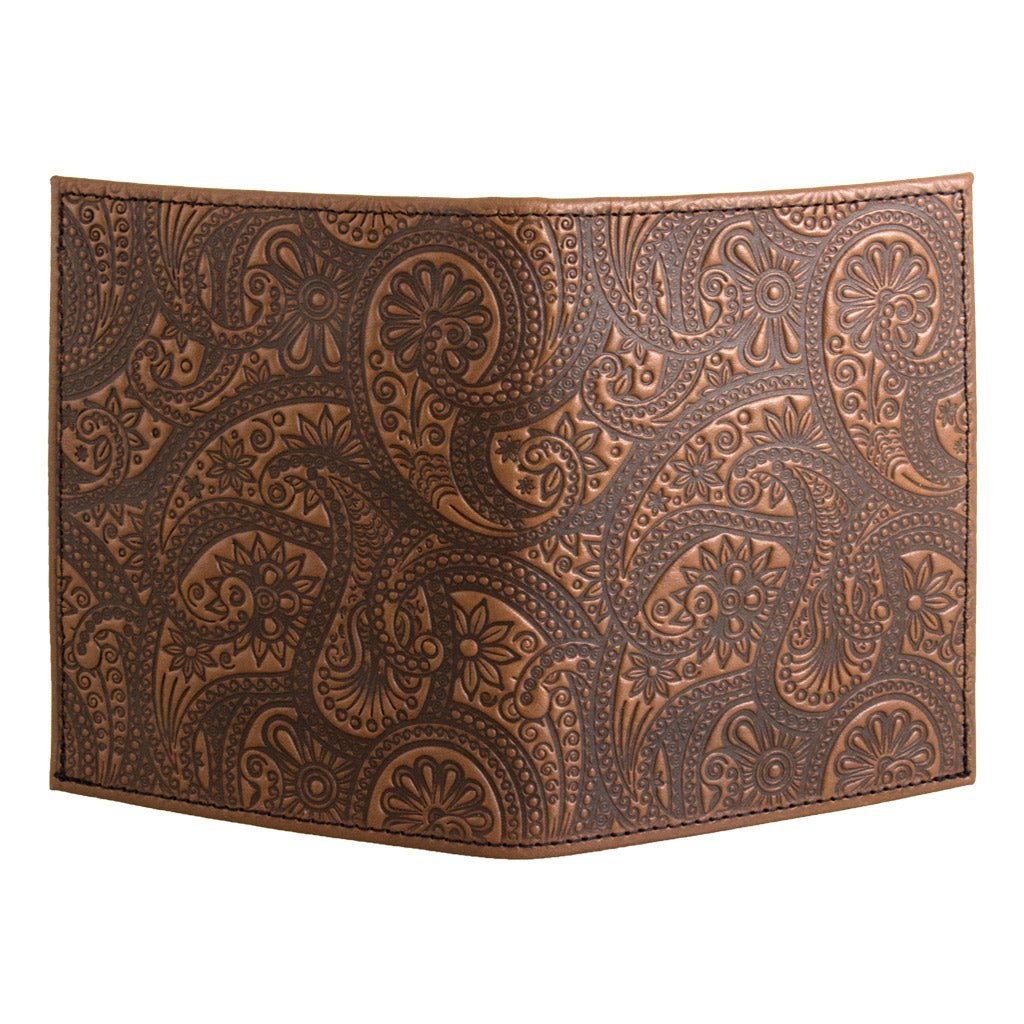 Oberon Design Genuine Leather Traveler Pasport Wallet, Paisley, Sadle - Open