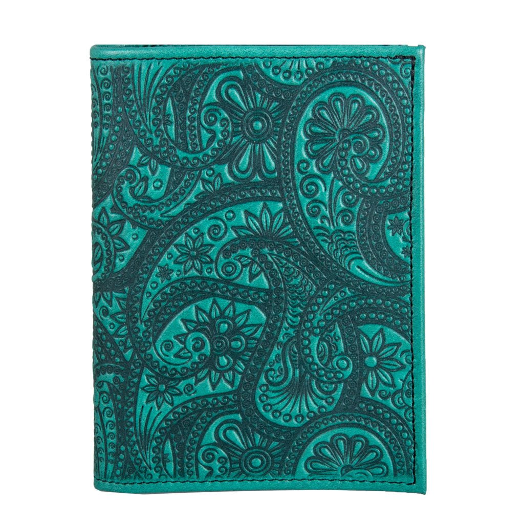 Oberon Design Genuine Leather Traveler Pasport Wallet, Paisley, Teal