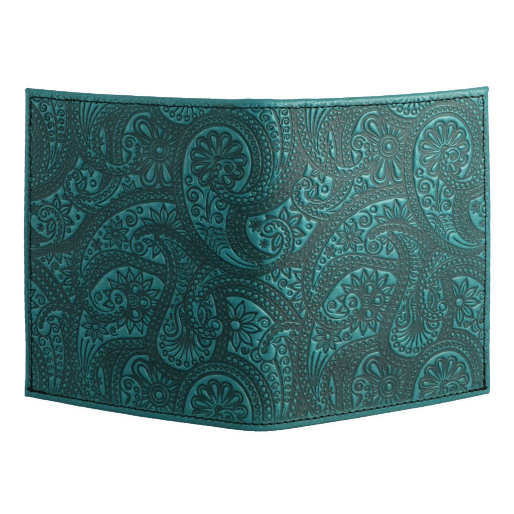 Oberon Design Genuine Leather Traveler Pasport Wallet, Paisley, Teal - Open