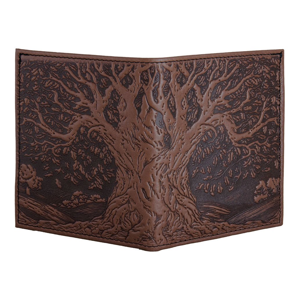 Oberon Design Genuine Leather Traveler Pasport Wallet, Tree of Life, Chocolate - Open