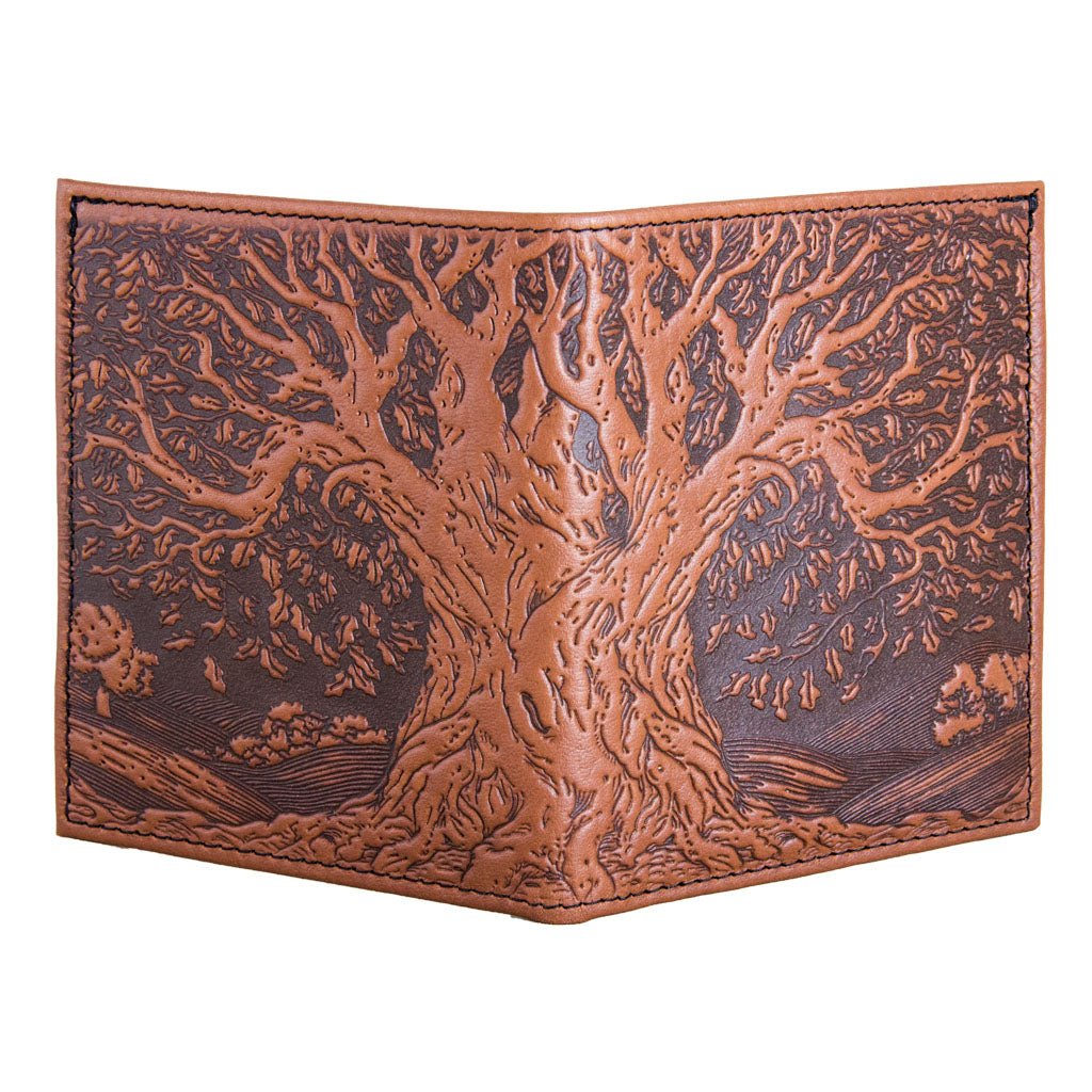 Oberon Design Genuine Leather Traveler Pasport Wallet, Tree of Life, Saddle - Open
