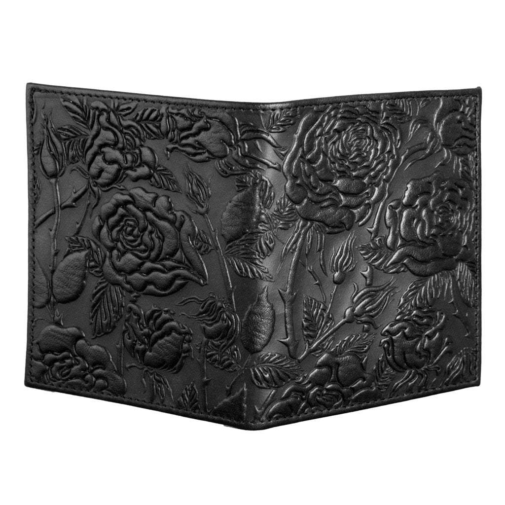 Oberon Design Genuine Leather Traveler Pasport Wallet, Wild Rose, Black - Open