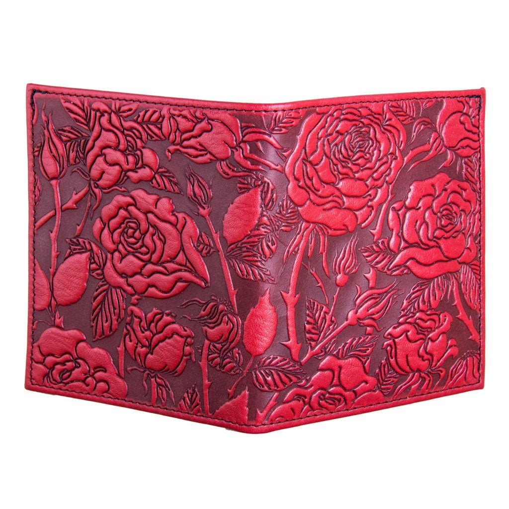 Oberon Design Genuine Leather Traveler Pasport Wallet, Wild Rose, Red - Open