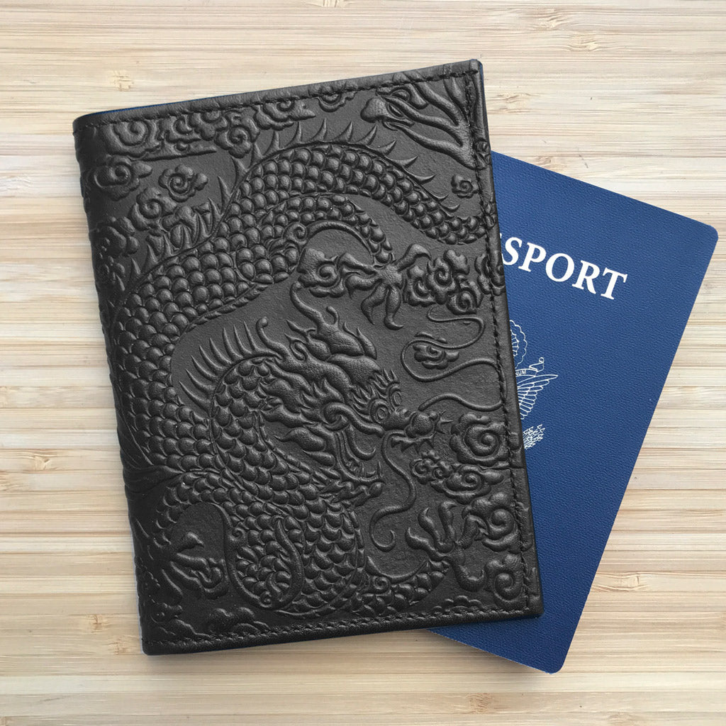 Oberon Design Genuine Leather Traveler Passport Wallet, Cloud Dragon, Balck