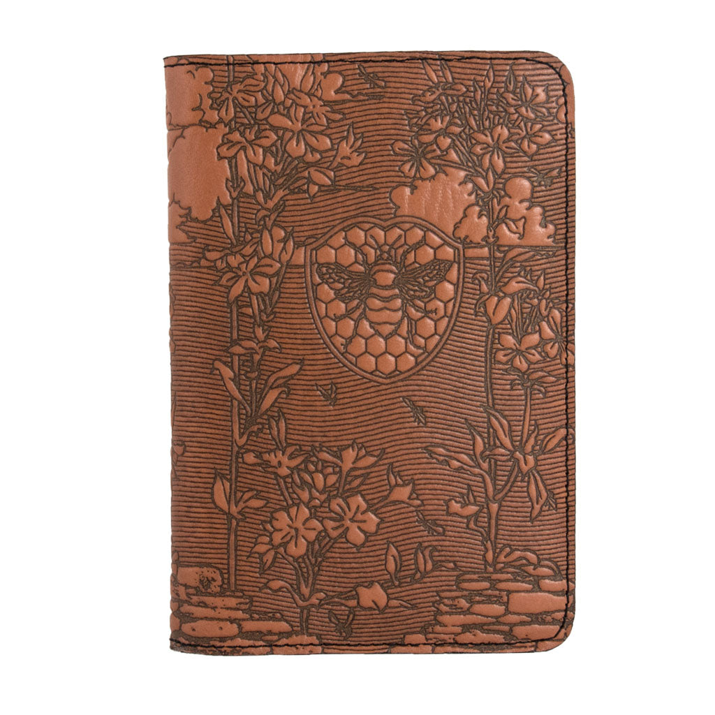 Oberon Design Bee Garden Refillable Leather Pocket Notebook Cover, Saddle