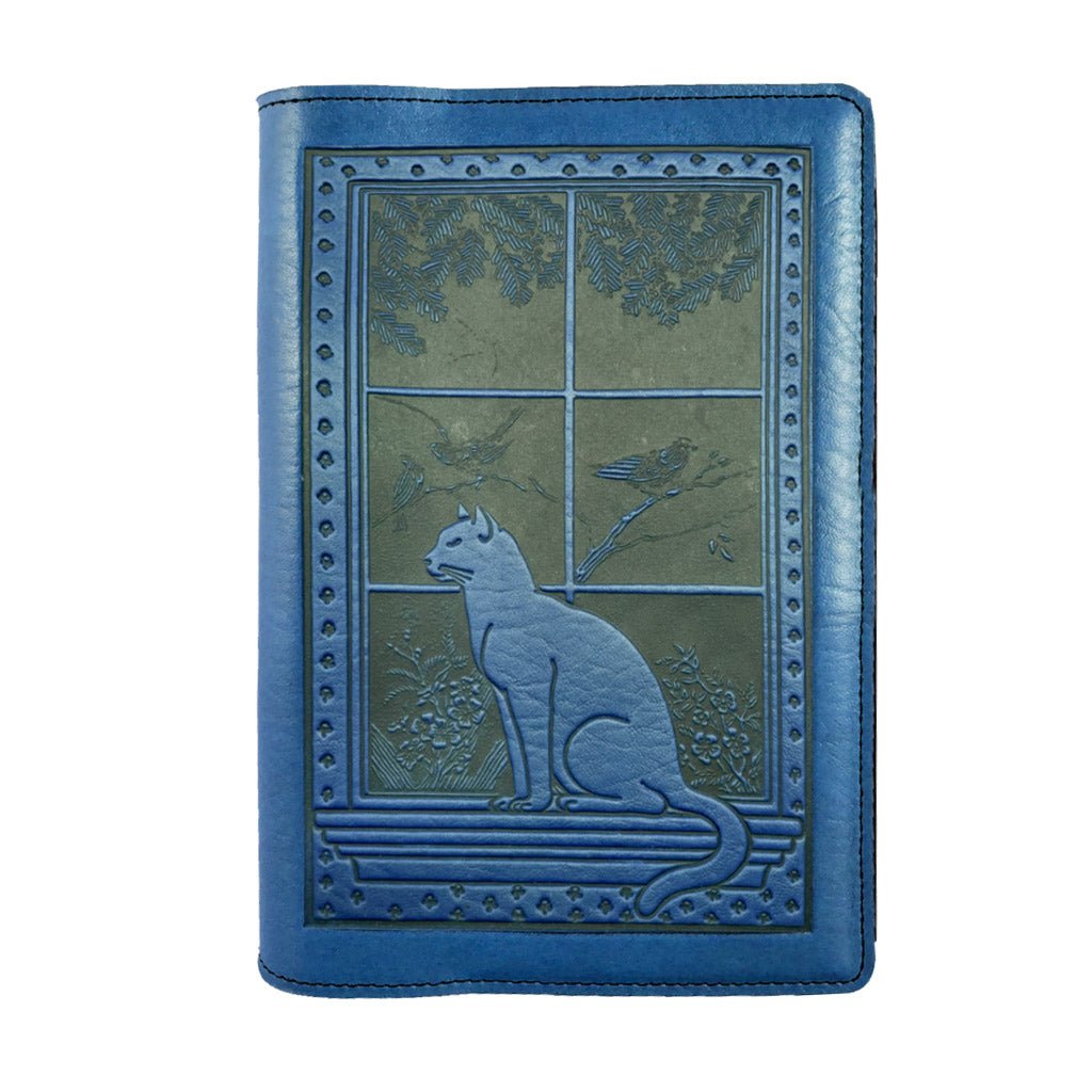 Oberon Design Leather Pocket Notebook Cover, Cat in Window, Blue