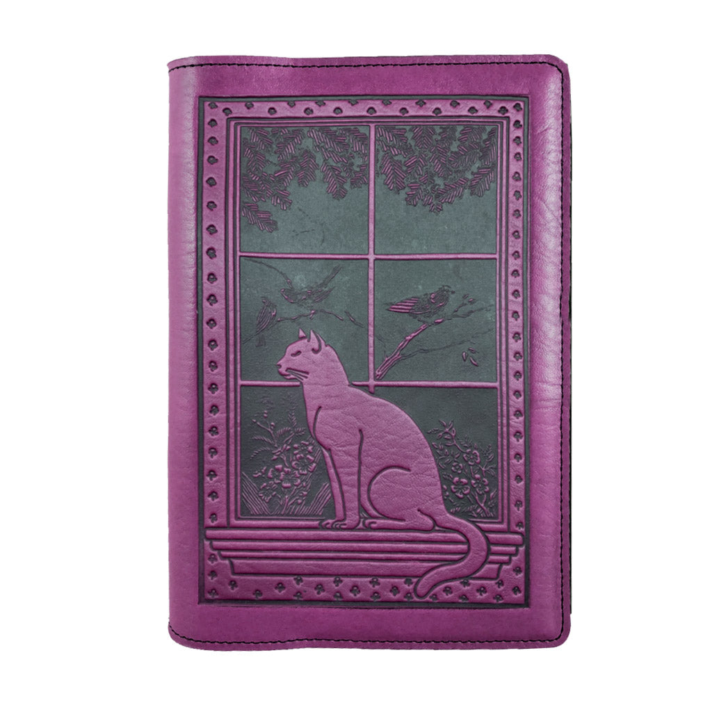 Oberon Design Leather Pocket Notebook Cover, Cat in Window, Blue